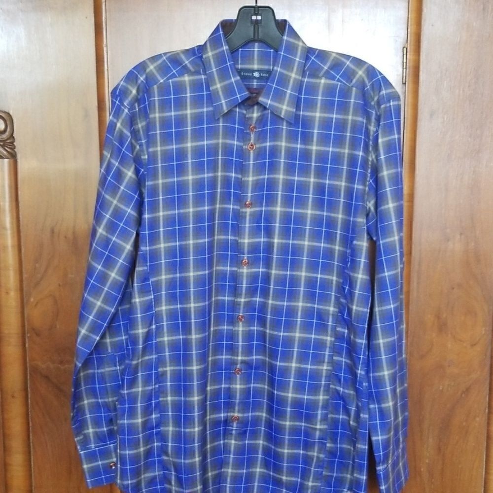 Stone Rose Dress Shirt,Cobalt Blue/Brn Plaid, sz 1